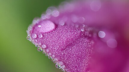 A vibrant close-up of a bright flower petal glistening with fresh water droplets, highlighting its delicate texture against a blurred green background