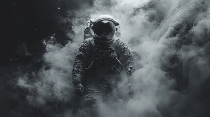 Stylish monochrome portrait of an astronaut in a suit, symbolizing exploration, ambition, and the human quest for the unknown. Modern blurred background with empty space for impactful captions.

