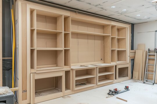 Custom cabinet construction showing detailed frame building and preparation for door and shelf installation