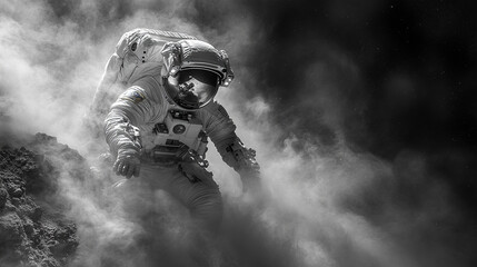 Fototapeta premium Stylish monochrome portrait of an astronaut in a suit, symbolizing exploration, ambition, and the human quest for the unknown. Modern blurred background with empty space for impactful captions.