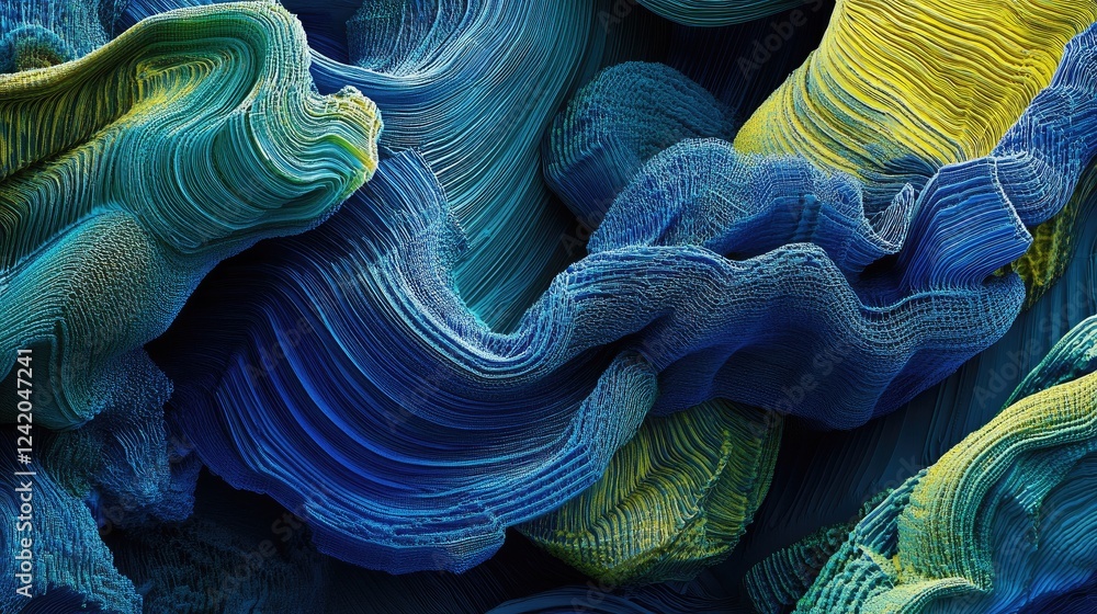 Poster curved, interwoven lines in vibrant blue and green on a dark background, creating an intricate wave 