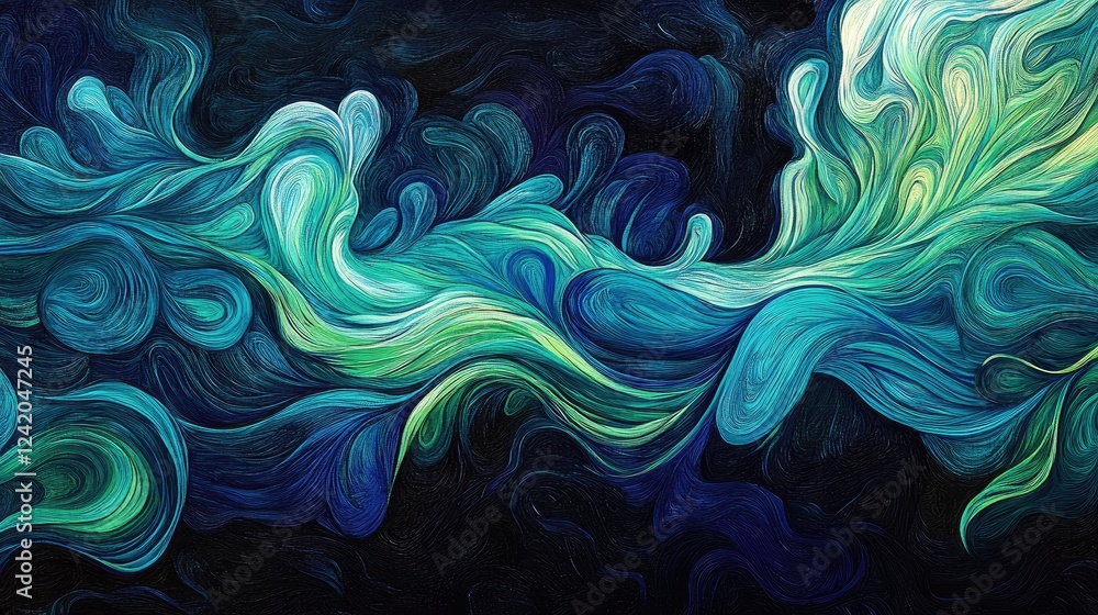 Aufkleber curved, interwoven lines in vibrant blue and green on a dark background, creating an intricate wave 