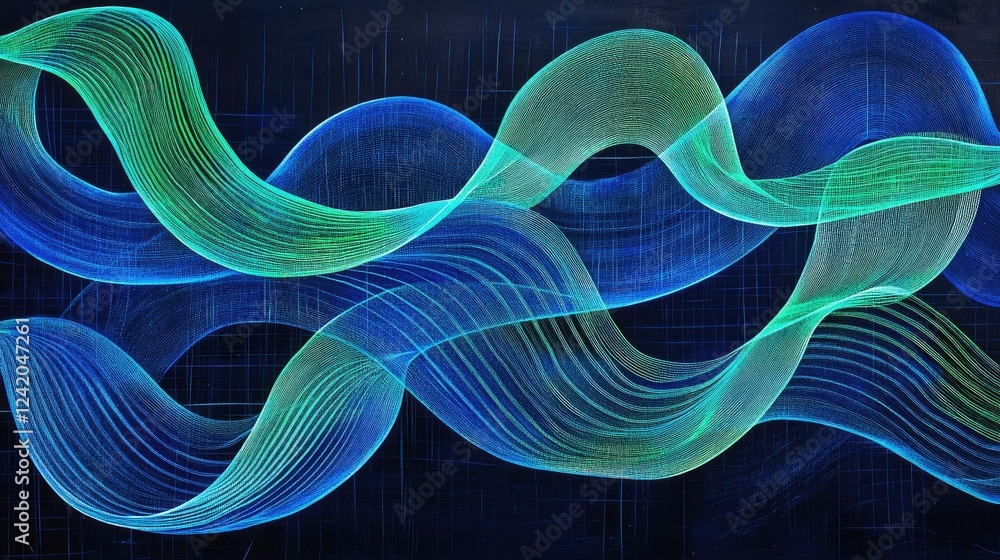 Poster curved, interwoven lines in vibrant blue and green on a dark background, creating an intricate wave 