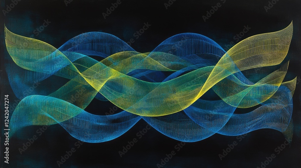 Poster curved, interwoven lines in vibrant blue and green on a dark background, creating an intricate wave 
