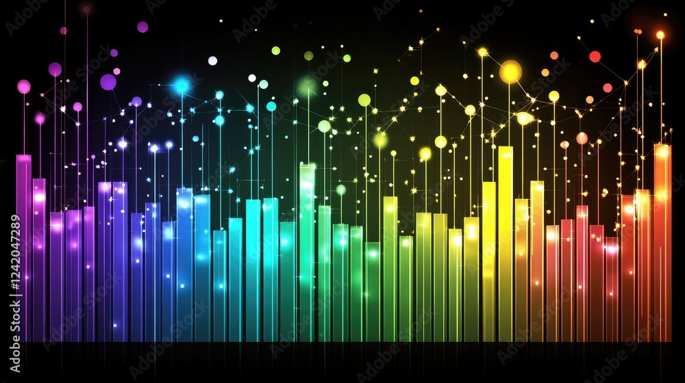 Poster dark-themed line graph with vibrant, glowing data points marking fluctuations in a business trend, r