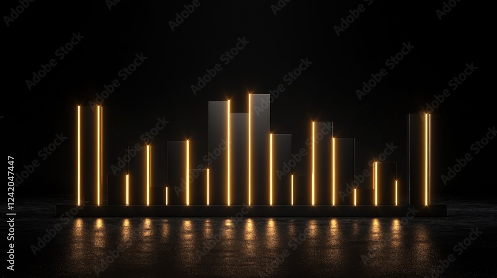 Poster golden bar graph on a dark background, each bar glowing and representing gold's value, creating a bo