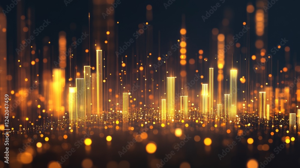 Poster golden bar graph on a dark background, each bar glowing and representing gold's value, creating a bo