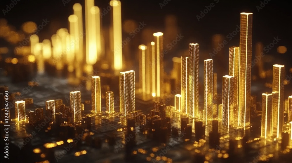 Poster golden bar graph on a dark background, each bar glowing and representing gold's value, creating a bo
