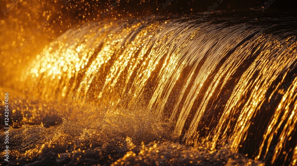 Poster golden fireworks resembling a waterfall effect, cascading down in shimmering streams and illuminatin