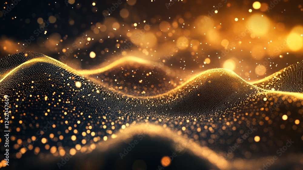 Poster golden line chart on a dark screen with spikes indicating gold price volatility, surrounded by spark