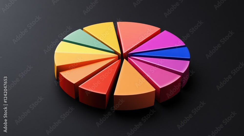Aufkleber gradient-colored d pie chart segments arranged on a sleek black background, each slice casting subtl