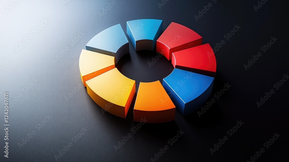 Aufkleber gradient-colored d pie chart segments arranged on a sleek black background, each slice casting subtl