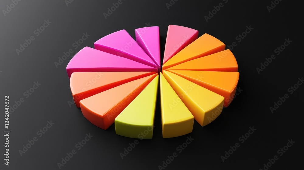 Aufkleber gradient-colored d pie chart segments arranged on a sleek black background, each slice casting subtl