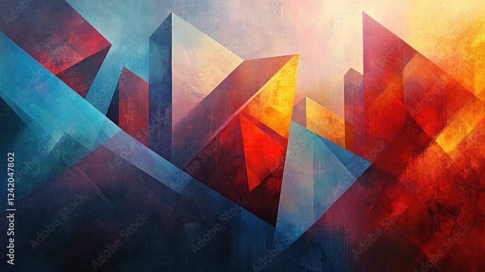 Poster layers of semi-transparent, overlapping colored shapes, creating depth and texture in a modern abstr