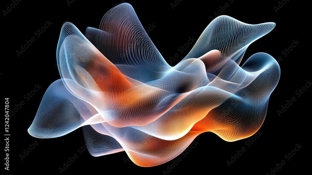 Poster layers of concentric wave lines in gradient colors on a black background, forming an abstract and hy