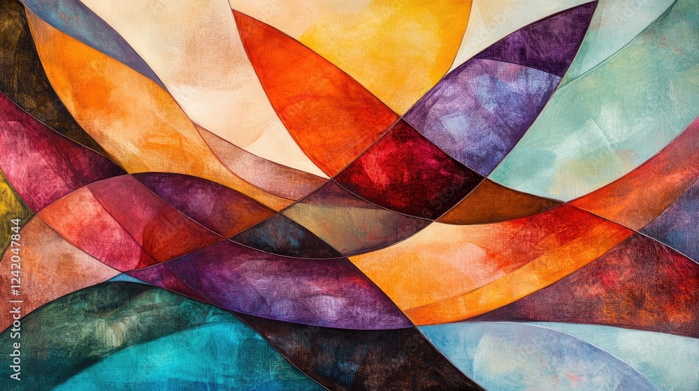Poster layers of semi-transparent, overlapping colored shapes, creating depth and texture in a modern abstr