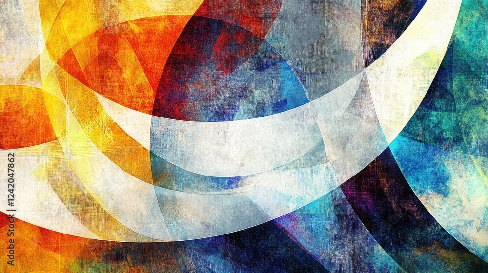 Poster layers of semi-transparent, overlapping colored shapes, creating depth and texture in a modern abstr