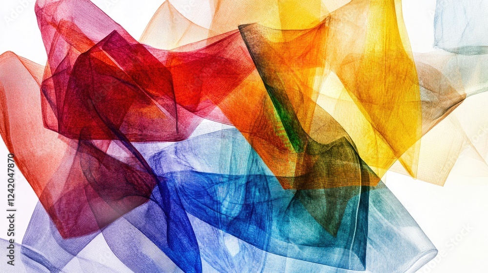 Poster layers of semi-transparent, overlapping colored shapes, creating depth and texture in a modern abstr