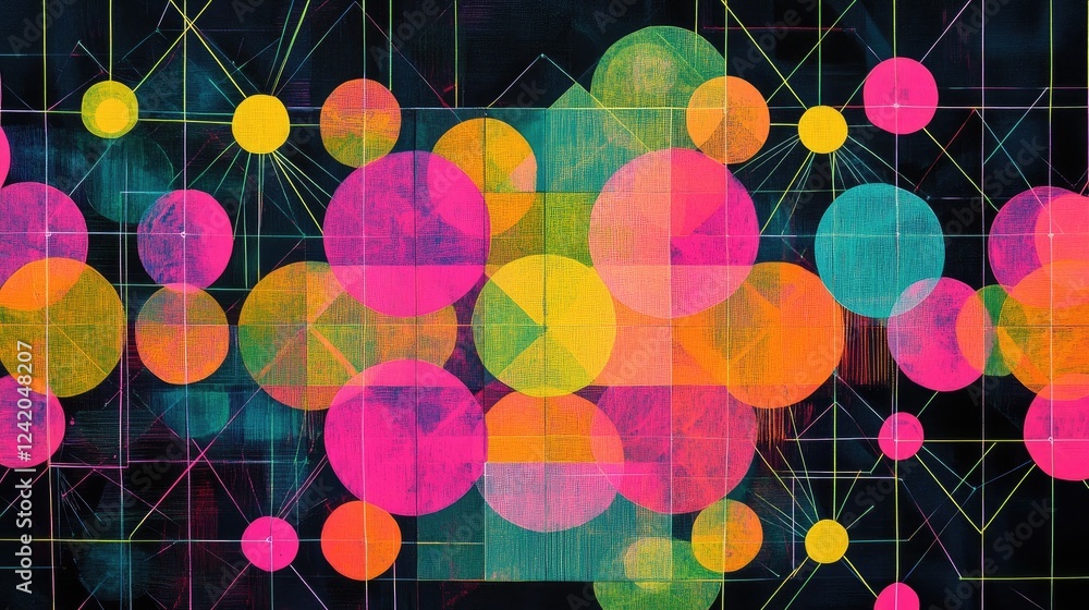 Poster neon-colored circles and lines in a digital grid pattern, with glowing points connected by thin line
