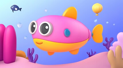 Colorful cartoon submarine with cheerful expression undersea adventure