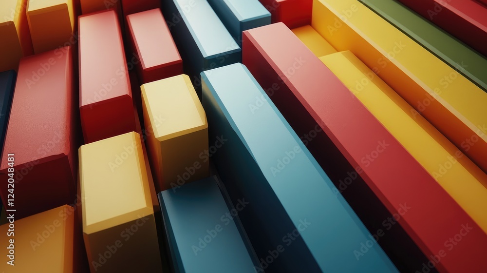 Poster rows of colorful, tilted d bars aligned diagonally, creating a sense of dynamic movement and depth o