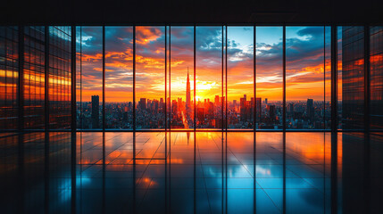 Sunset silhouettes of a majestic urban skyline with soaring skyscrapers, reflecting the city's vibrant economic pulse and architectural grandeur, with modern blurred empty caption space.

