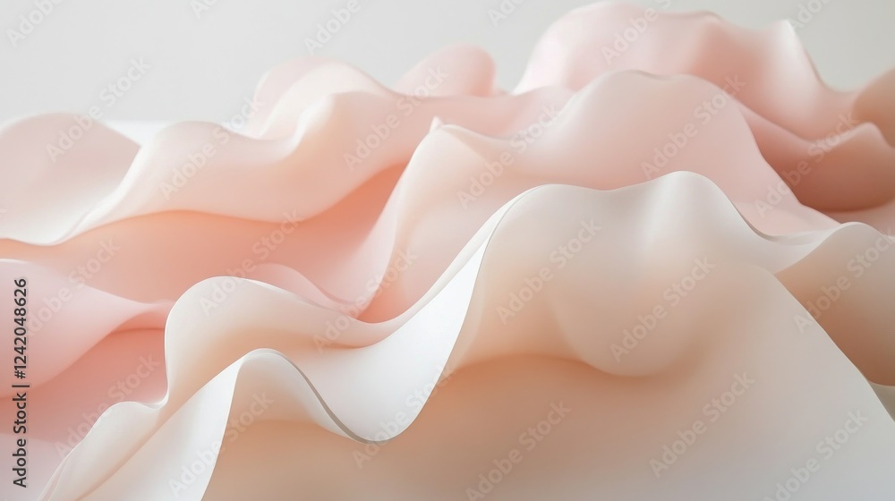 Poster smooth, curved lines in soft pastels overlapping to form a layered, wave-like pattern on a white sur