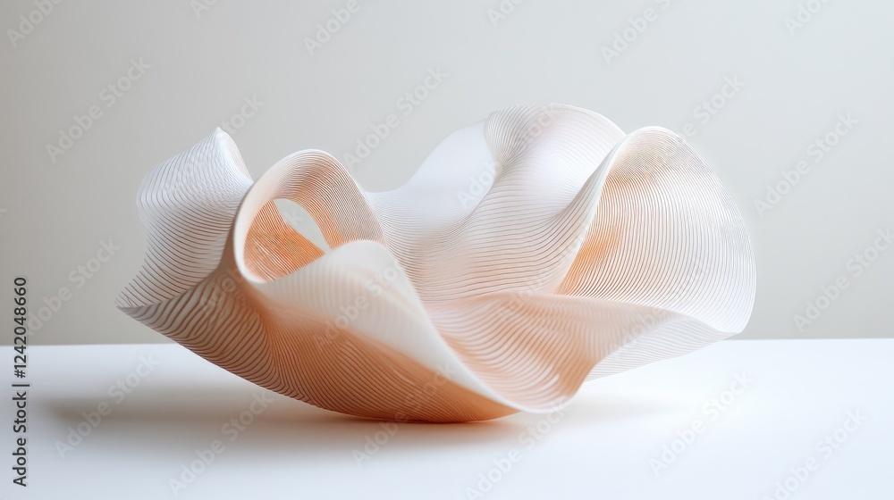 Poster smooth, curved lines in soft pastels overlapping to form a layered, wave-like pattern on a white sur