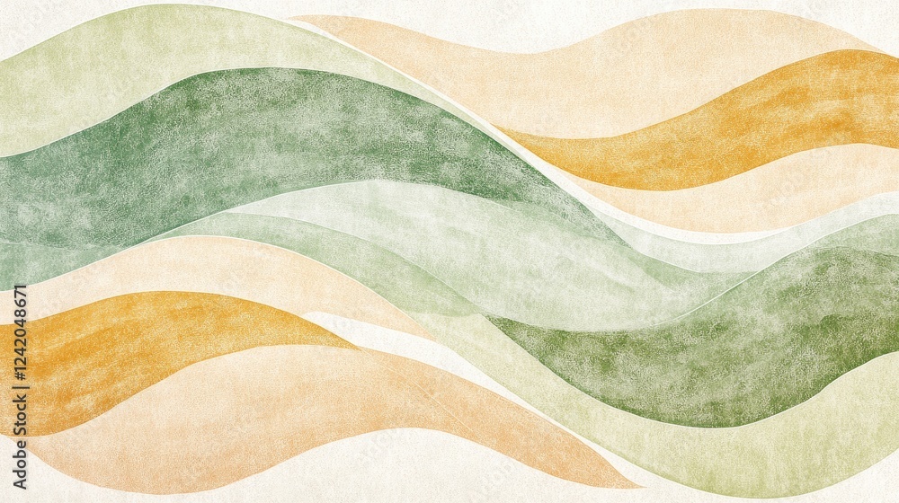 Poster smooth, curved lines in soft pastels overlapping to form a layered, wave-like pattern on a white sur