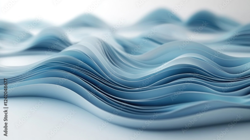 Poster smooth, curved lines in soft pastels overlapping to form a layered, wave-like pattern on a white sur