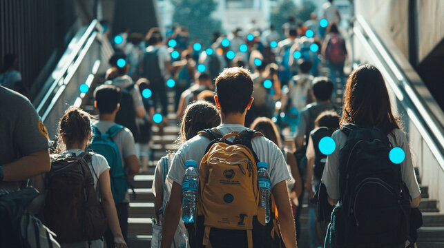 A crowd of commuters climbs a staircase with blue digital markers indicating connections  
