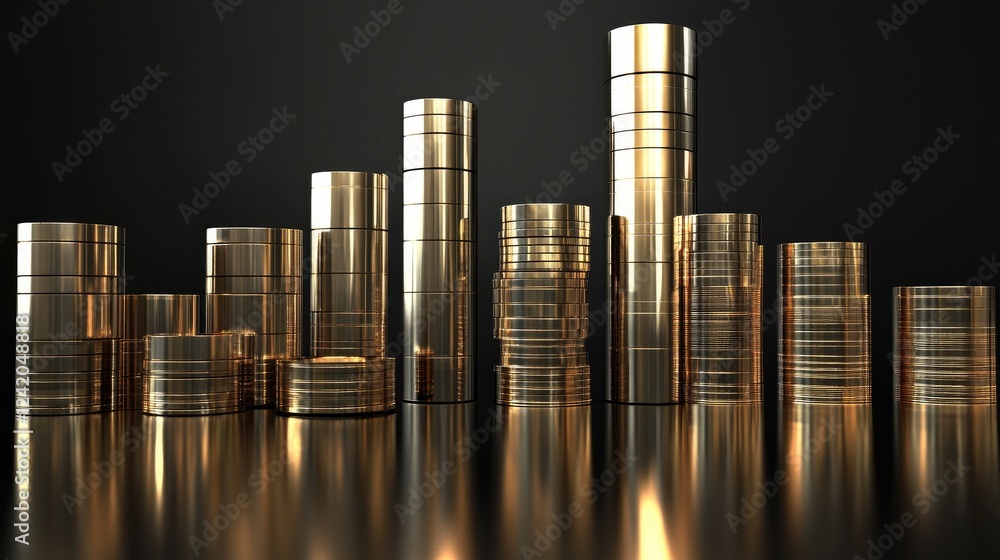 Poster stacked bar graphs with glossy metallic bars in various heights on a black background, symbolizing r