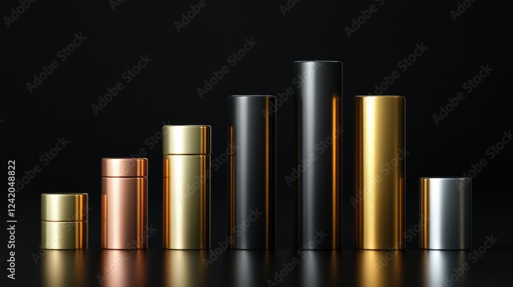 Poster stacked bar graphs with glossy metallic bars in various heights on a black background, symbolizing r