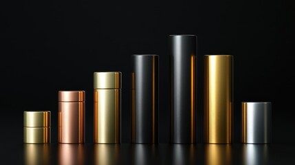 Stacked bar graphs with glossy metallic bars in various heights on a black background, symbolizing revenue and financial performance