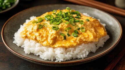 Steaming white rice topped with a thick, silky egg omelet, lightly garnished with chopped green onions and served on a minimalist plate