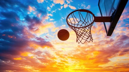 The silhouette of a basketball hoop with a ball mid-air, about to enter the net, against a colorful sunset sky, capturing a peaceful moment
