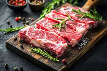 Quality meat cuts prepared with care on a rustic wooden board alongside fresh ingredients in a well-lit kitchen