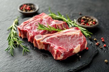 Fototapeta premium Quality meat cuts prepared with care on a rustic wooden board alongside fresh ingredients in a well-lit kitchen