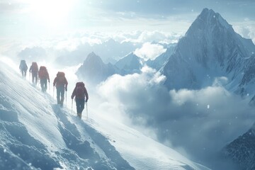 A group of mountaineers, equipped with backpacks and ice axes, traverse a snowy mountain slope towards a majestic peak.