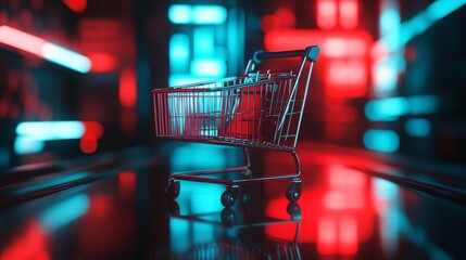 Shopping cart standing in a supermarket aisle lit by blue and red neon lights, reflecting on the floor
