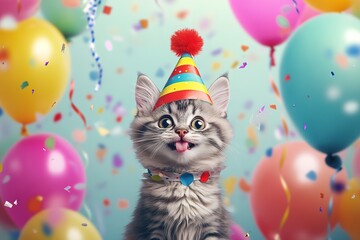Festive Kitten Celebrates Birthday Surrounded By Balloons