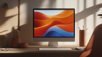 Modern Workspace with Computer Displaying Abstract Colorful Waves