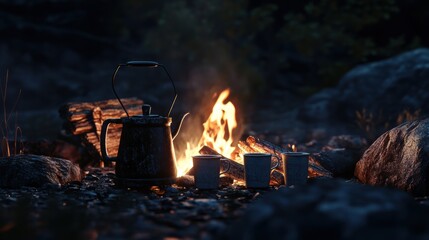 Glowing campfire illuminates the dusk with warmth and tranquility in a serene outdoor setting