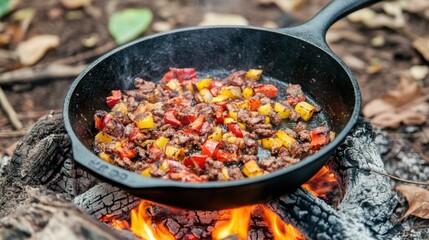 Cast iron skillet over a campfire with delicious food sizzling and cooking in the great outdoors