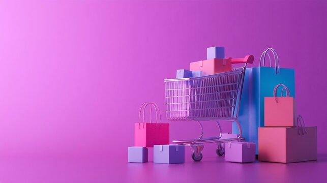 3d render of a shopping cart full of boxes and shopping bags standing on purple background with copy space