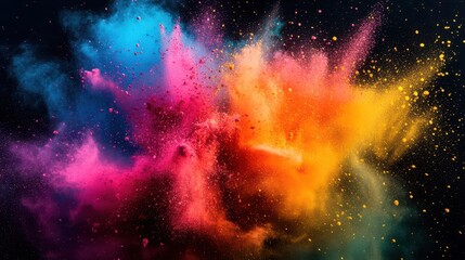 Abstract Splash of Colorful Powder in Bright Neon Tones, Illuminated Against a Dark Backdrop