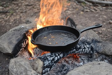 Cast iron skillet over a campfire with delicious food sizzling and cooking in the great outdoors © Dream maker
