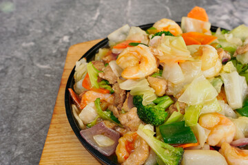 Organic feast delicious fresh vegetables, meat and seafood