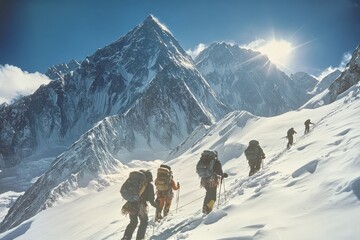 A group of mountaineers, equipped with backpacks and ice axes, traverse a snowy mountain slope towards a majestic peak.