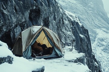 Tent pitched on snowy ledge while mountaineers seek refuge from harsh winter conditions © Dream maker